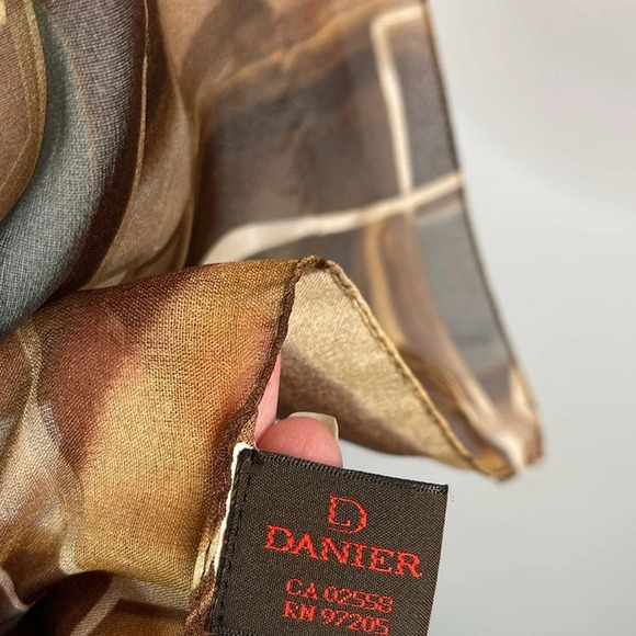 DANIER Silky Semi Sheer Geometric Print Rectangular Scarf Earth Tones Hair Neck - Picture 8 of 9